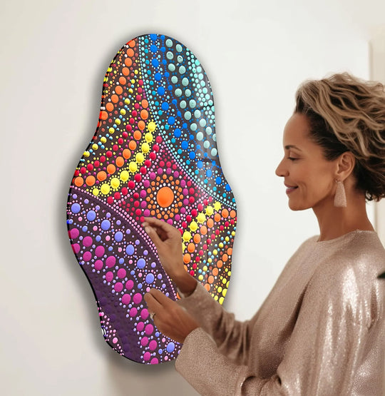 Stillness captures a colorful mosaic glass wall art, presenting modern home decoration with an irregular design and mesmerizing dot-patterned arrangement.