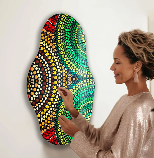Bright highlights accentuate the green hues of the Mosaic Green Color Print tempered glass wall art, creating an eye-catching focal point.
