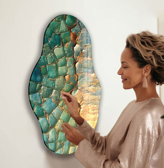 Intricate surface texture details the fractured design of the pastel green oil painting glass wall prints, evoking an organic, stone-like appearance.