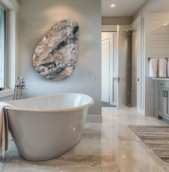 Elegant beige marble glass wall art with natural depth and layered textures for home decor.