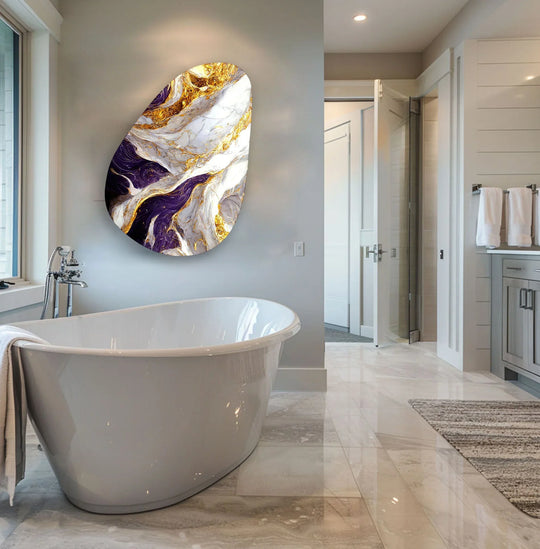 A dramatic oval of organic forms in purple and gold marble art from glass adds a luxurious accent.