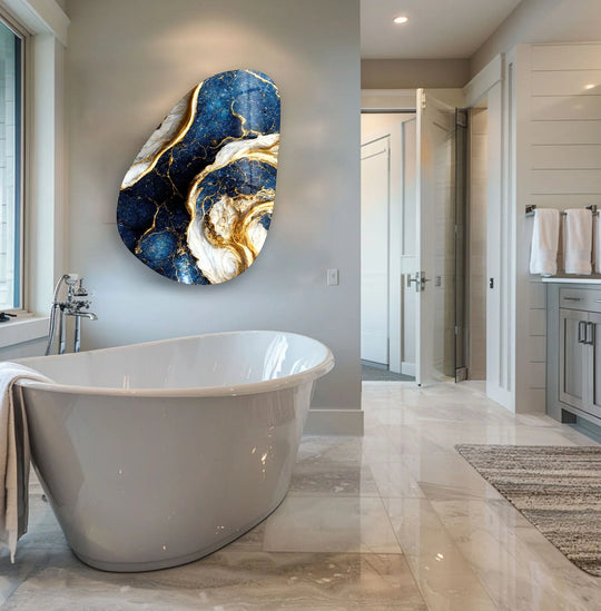 Vivid blue marble glass wall art, resembling soft swirls of a celestial nebula, offers the best glass art experience.