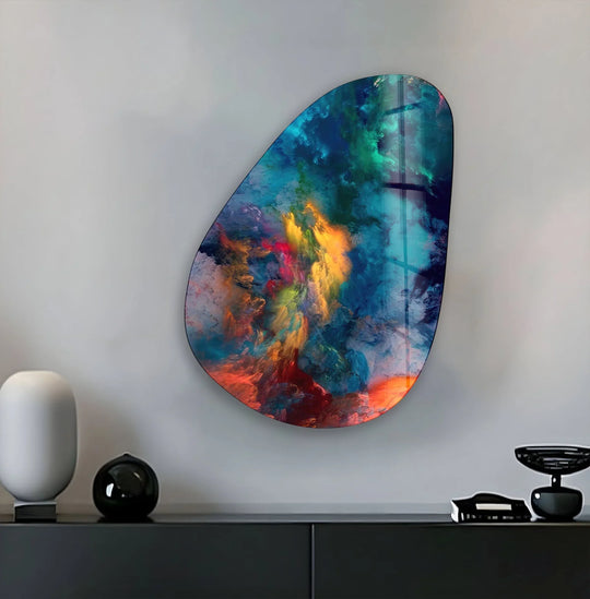 Dark, deep navy and emerald hues define this abstract glass art painting, creating a moody, atmospheric centerpiece.