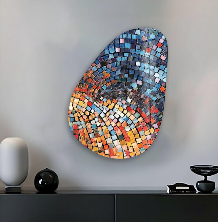 Modern Blue Mosic Tiles Glass Wall Art, glass photo prints, glass picture prints
