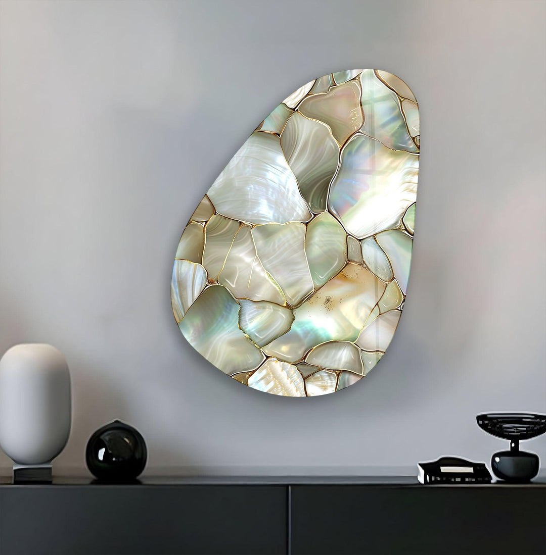 Green & Beige Pearlescent Abstract Glass Wall Art, glass photo prints, glass picture prints
