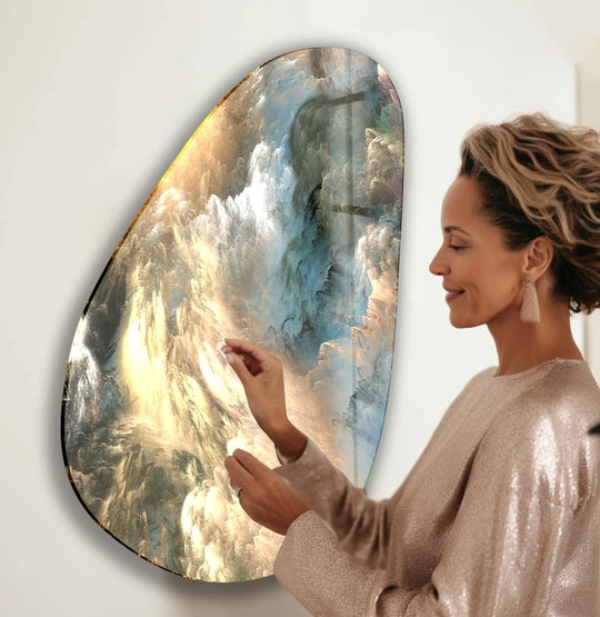 Warm golden hues meet cool icy blues and soft pastels in this ethereal glass wall art, creating a stunning color temperature gradient.