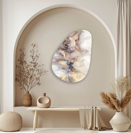 Elegant abstract glass art painting with flowing swirls of taupe, white, and gold creates a soothing visual rhythm.