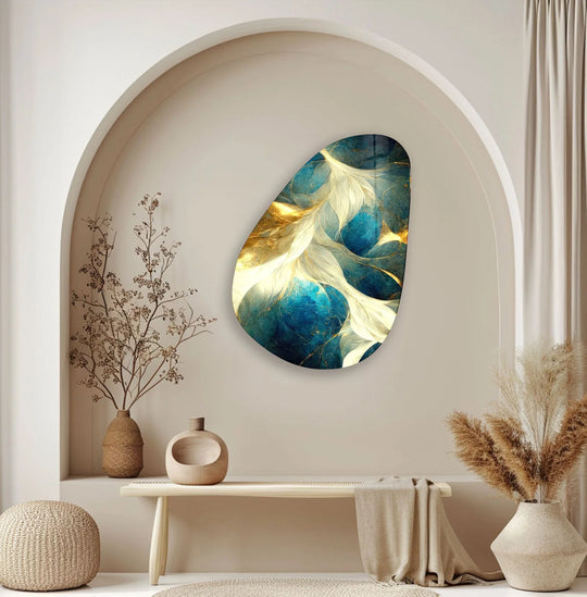 Vibrant teal and gold hues create a rich and saturated abstract decorative wall art piece with organic feather-like shapes.