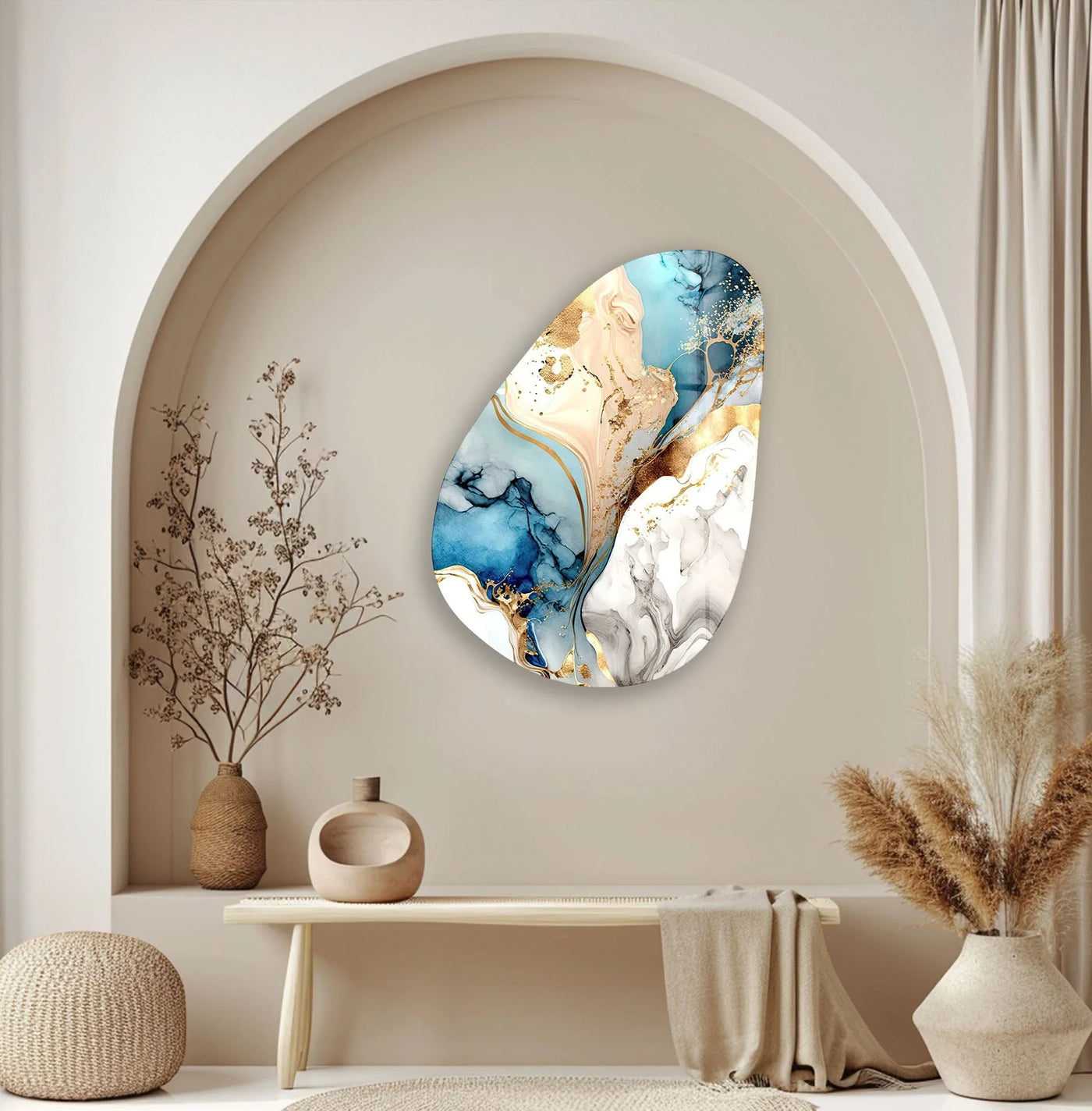 Vibrant blue and gold hues saturate this abstract glass wall art, creating a dynamic, watercolor-inspired piece.