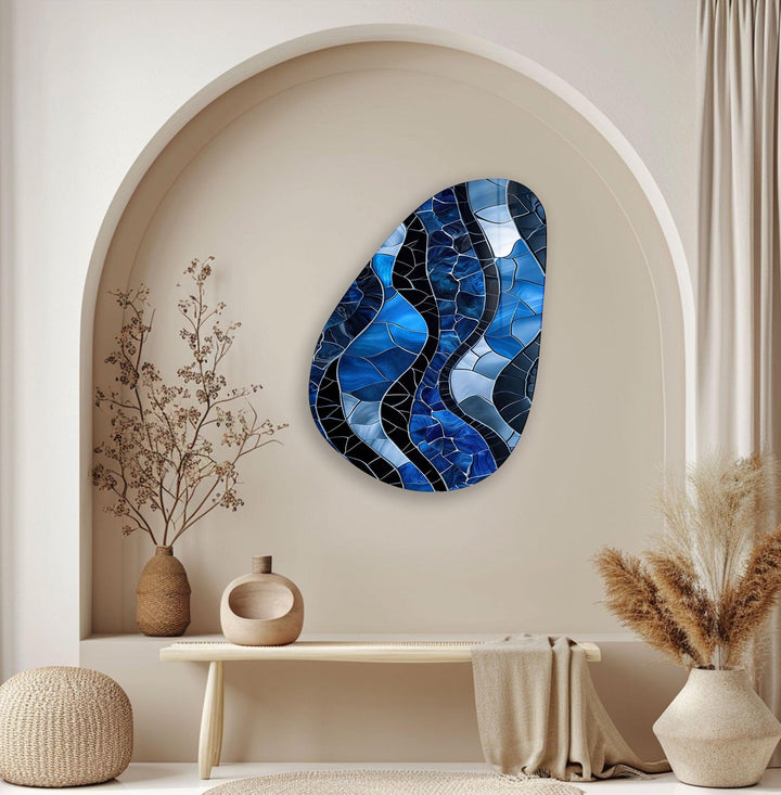 Stained Blue Abstract Glass Wall Art, glass art painting, glass art for the Wall
