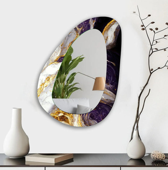 Purple And White Abstract Wall Mirror an asymmetric wall mirror with purple white and gold abstract marble design