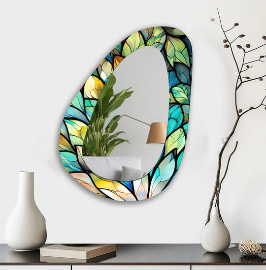 The green stained bathroom wall mirror features a colorful leaf design and is a stained glass effect wall mirror for a unique decorative accent and bathroom decor