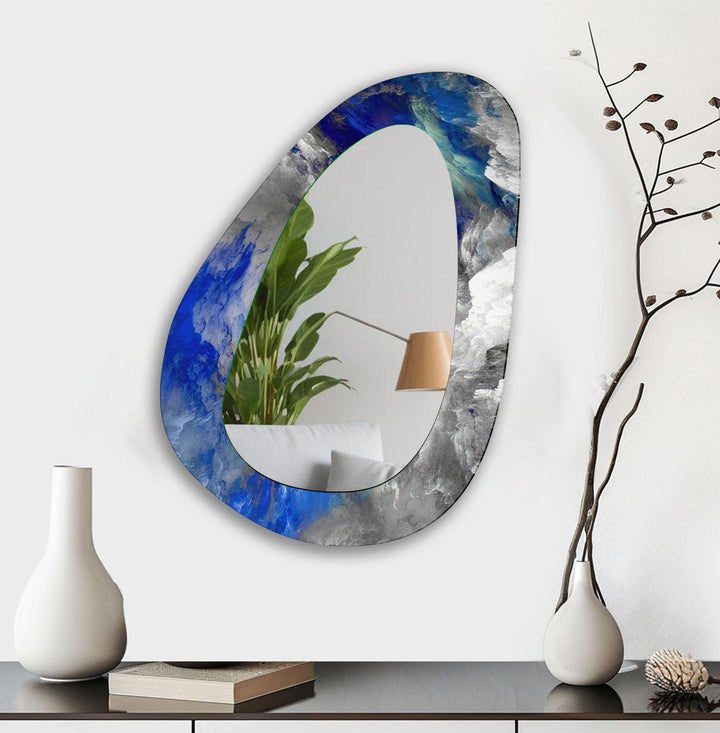 Blue Abstract Asymmetrical Glass Wall Mirror