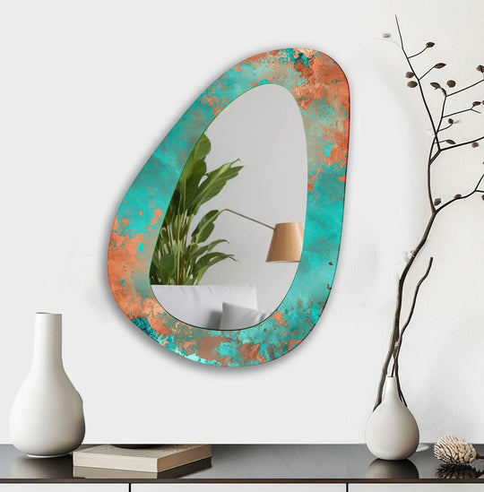 Asymmetric mirror showcasing a blue and rusted abstract design a modern decorative wall mirror ideal for an entryway