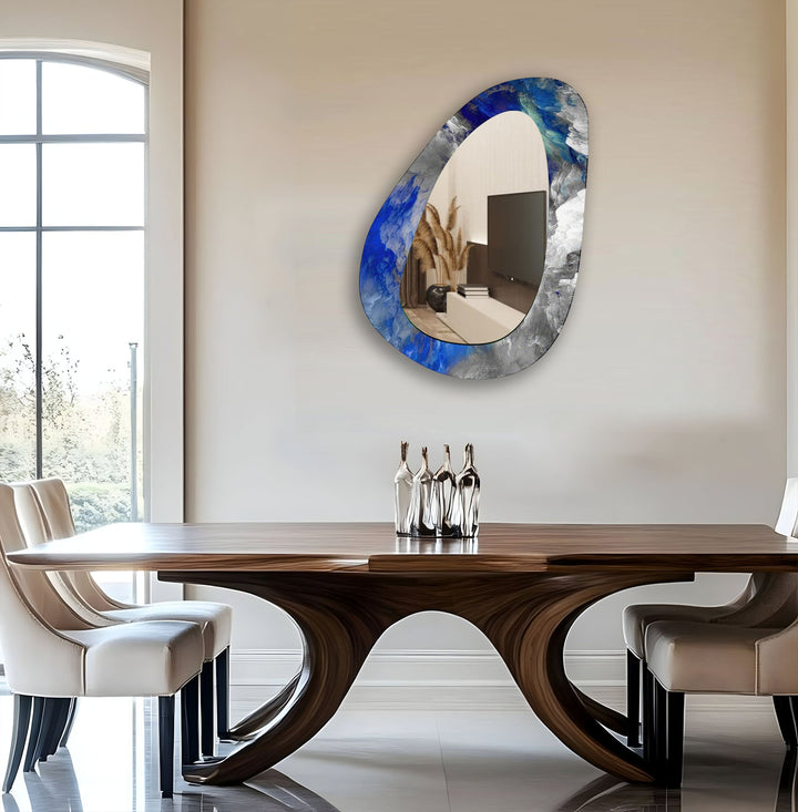 Blue Abstract Asymmetrical Glass Wall Mirror