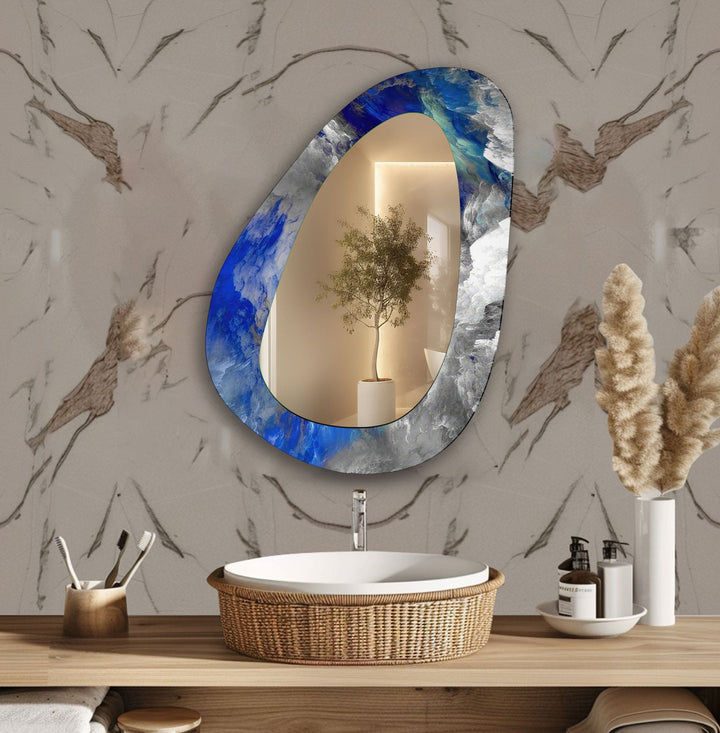 Blue Abstract Asymmetrical Glass Wall Mirror