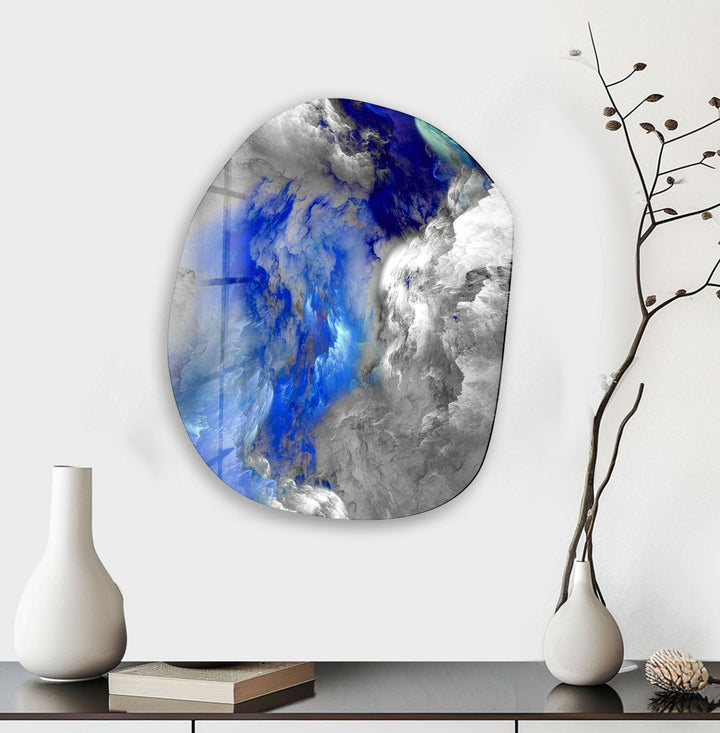 Blue & Grey Abstract Glass Wall Art, large glass photo prints, glass wall photos
