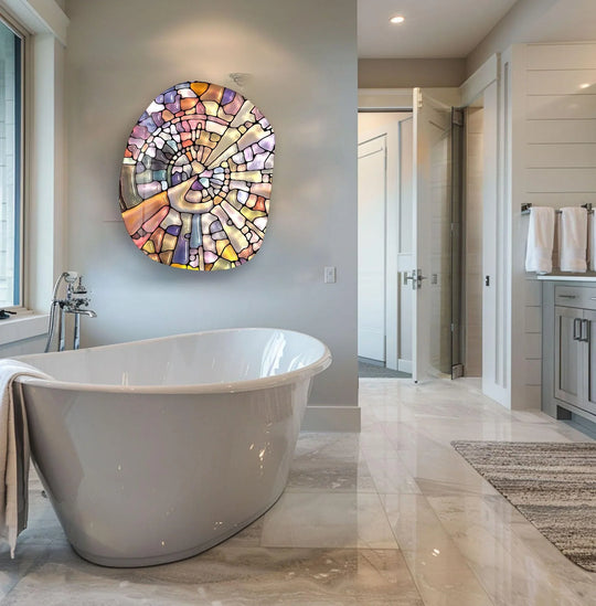 Modern rainbow color glass wall art creates a vibrant color contrast with bold abstract design for home decor.
