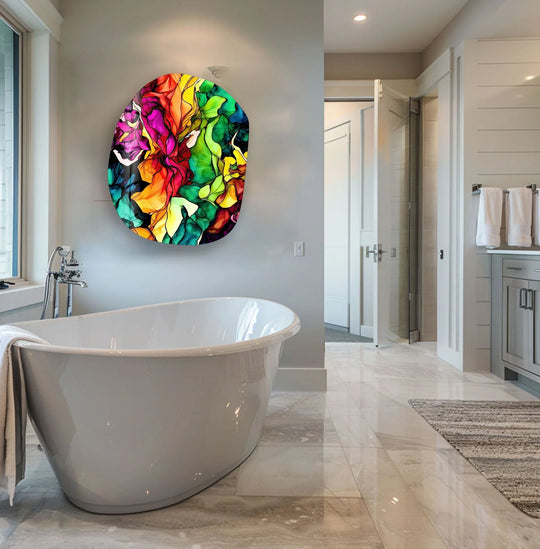 An oval glass art painting with fuchsia watercolor abstract shapes, perfect for adding color to any space.