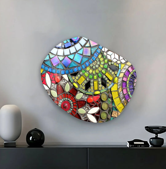 Smooth glass printing mosaic art features a textured, irregular oval surface with a vibrant, multi-colored abstract pattern.