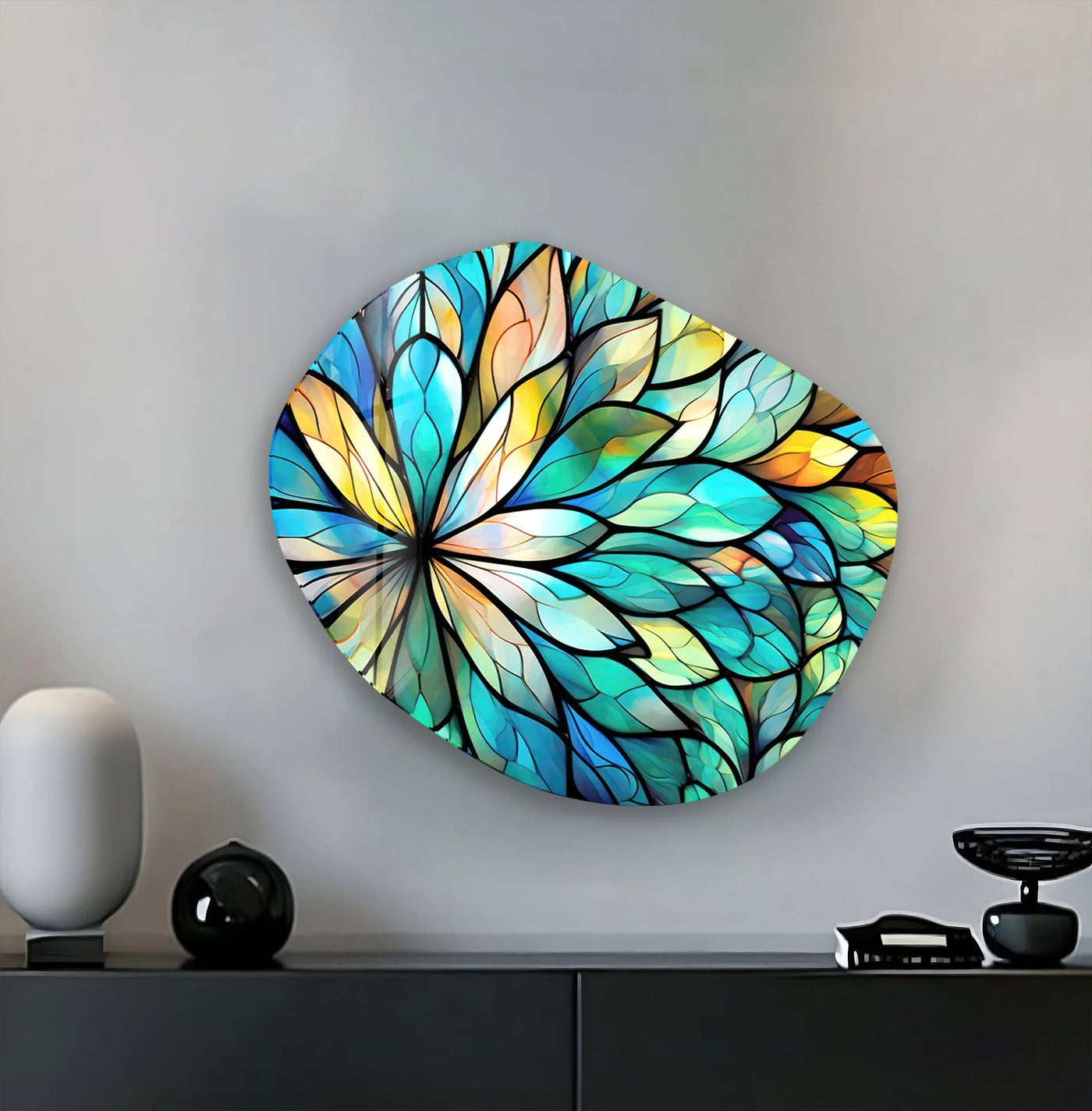 Dominant blues and greens define this floral stained print glass wall art, making it the best glass art with a mosaic design.