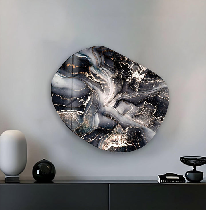 Modern Black Alcohol Ink Oval Glass Wall Art, glass photo prints, glass picture prints
