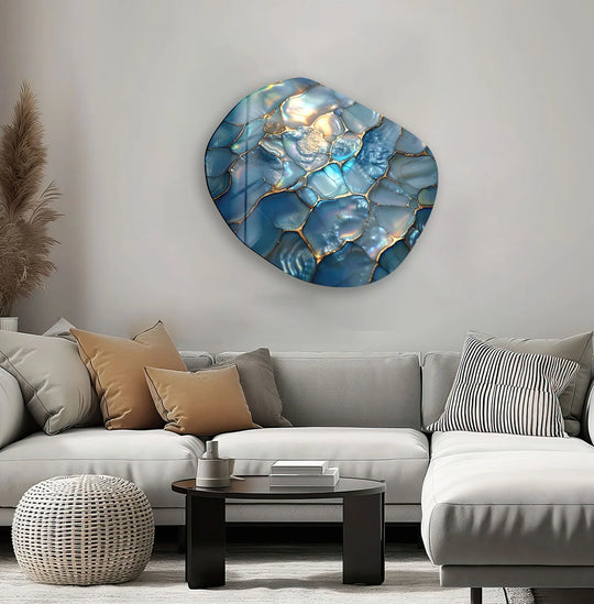 Sparkly blue abstract glass wall art featuring unique modern wall decor with soft, iridescent shell-like textures.