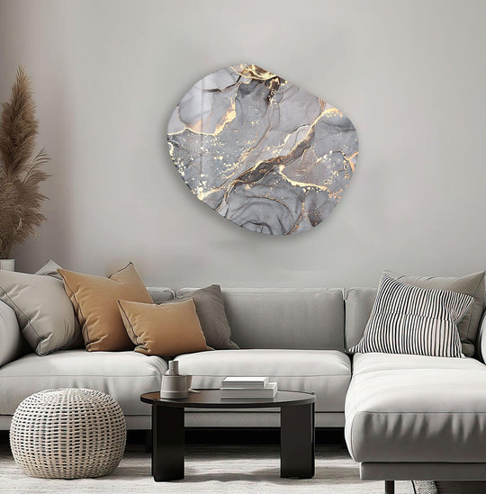 A chic grey watercolor oval glass wall art with a smooth, glossy finish, perfect as decorative wall art.