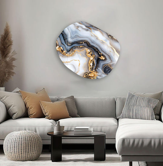 Cool-toned abstract glass art featuring a sophisticated marble design with touches of warm gold accents.