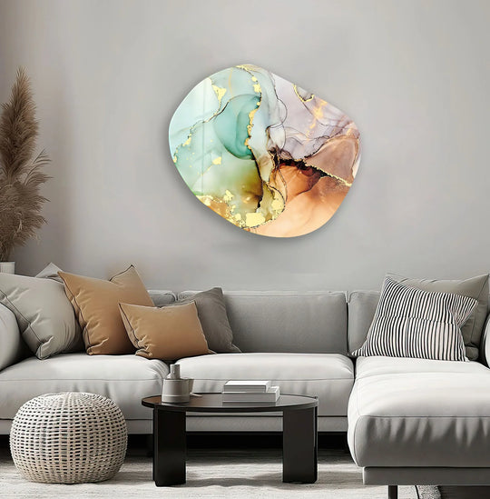 Asymmetric glass wall art decor showcasing swirling green and gold alcohol ink patterns with exquisite depth and quality.