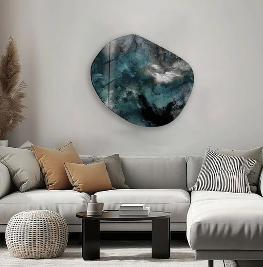 A dominant abstract navy and teal swirling glass wall artwork, creating a dynamic, moody atmosphere.