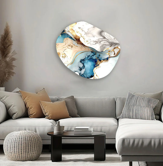 Golden alcohol ink patterns shimmer with subtle light and shadow on this striking abstract glass wall art.