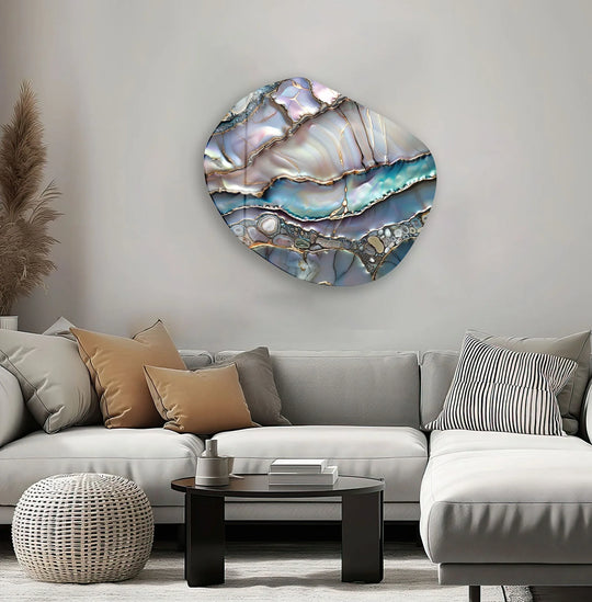 Abstract glass art with a pearlescent, iridescent finish mimics natural agate and mother-of-pearl formations.