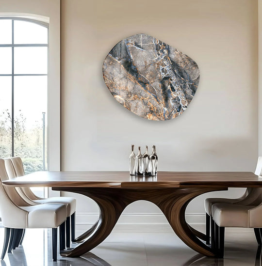 Sophisticated art from glass with a serene mood, showcasing a modern beige marble design on an asymmetric wall art piece.