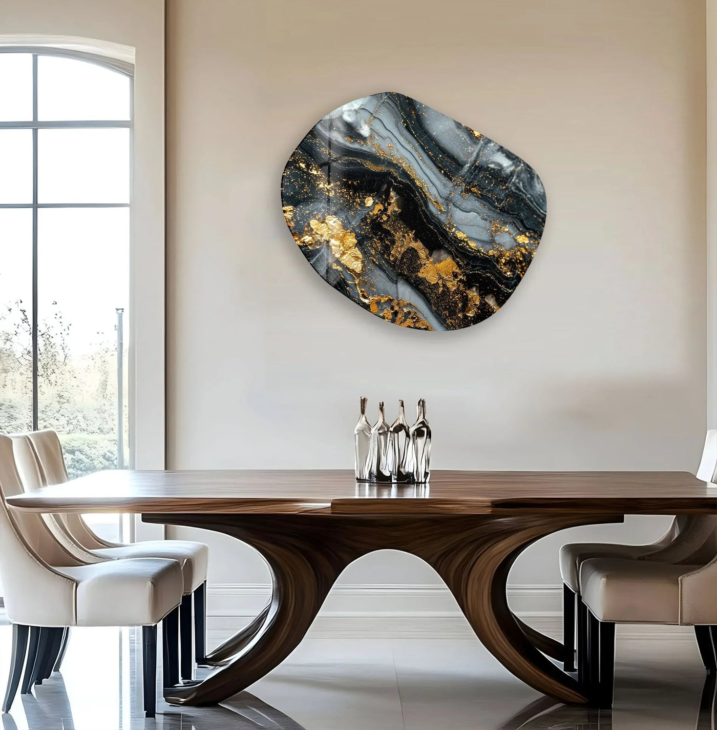 Dark grey marble oval glass wall art features a luxurious, rippled surface texture with striking gold accents, perfect for contemporary print wall art.