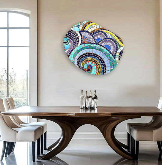 Blue Mosaic Pattern Oval Glass Wall Art, print picture on glass, Tempered Glass Wall Art
