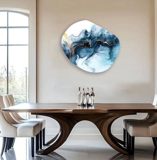 Minimalist dining room art showcases the vast negative space surrounding abstract navy blue and gold alcohol ink best glass art.