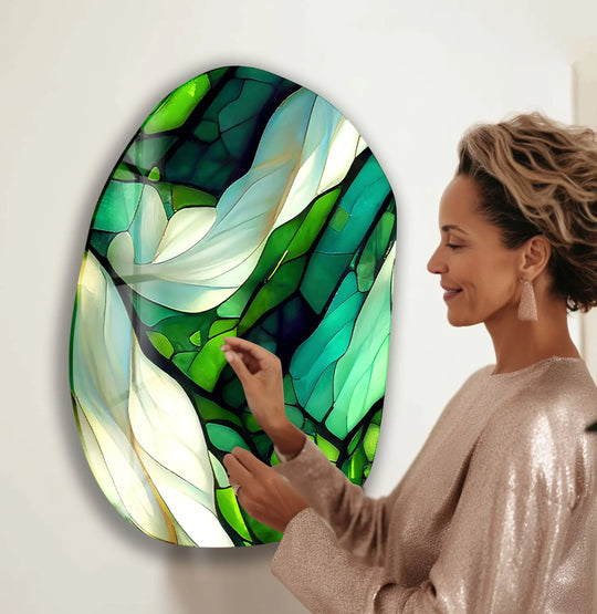 Green stained pattern glass wall art with dominant green hues, offering abstract beauty through glass printing.