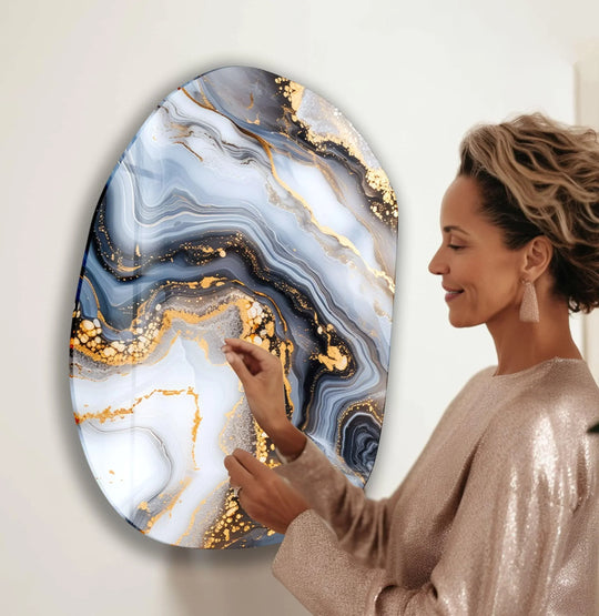 Elegant abstract geometric home decor glass art features swirling navy, white, and gold agate patterns.