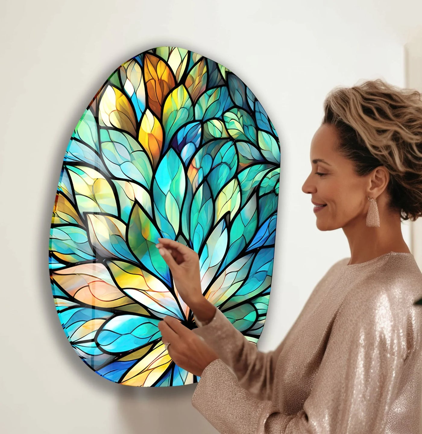 Floral stained print mosaic glass wall art showcases intricate art from glass with a vibrant, stylized floral design in blues, yellows, and greens.