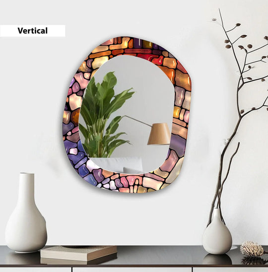 Surface texture showcases the purple stained asymmetric wall mirror's frame, resembling stained glass, adding unique decorative wall art to its character.