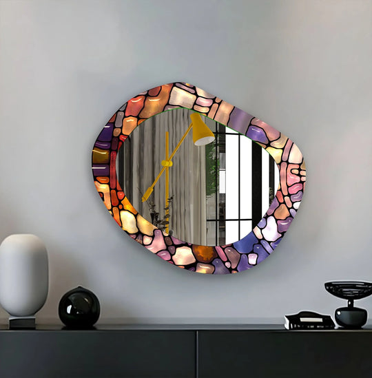 Brightest illuminated stones define this purple stained large wall mirror, a uniquely shaped stained glass wall mirror adding a vibrant artistic touch to any room.