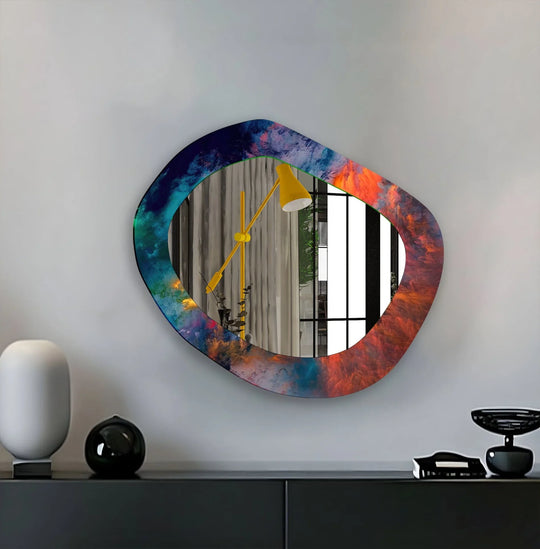 This asymmetric mirror features a vibrant red and blue abstract art border reflecting a modern yellow lamp for a unique wall mirror statement