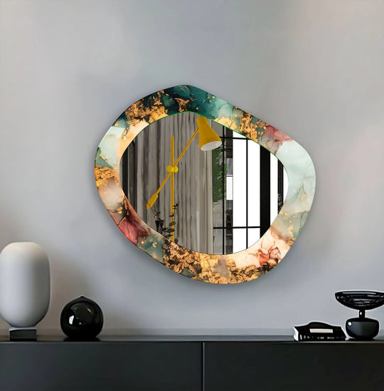 A color abstract wall mirror features an asymmetric design with glossy teal green gold and pink art ideal for a living room