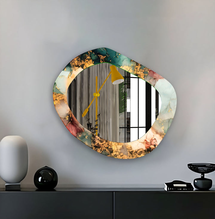 Mirror wall art with abstract shapes and reflective surfaces for a modern artistic vibe
