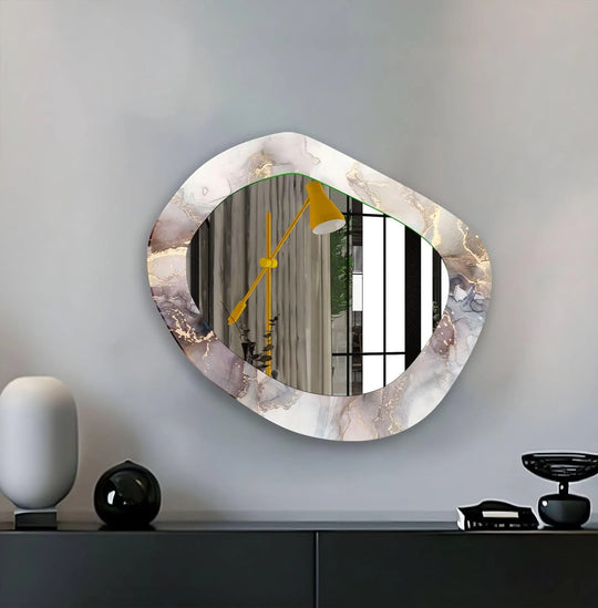 Reflected in the gray abstract framed wall mirror, a bright yellow lamp stands beside the room's window, becoming its loudest element.