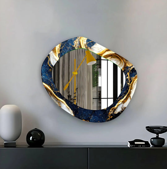 Irregular gold abstract asymmetric wall mirror with navy marble and gold detailing luxurious home decor statement piece
