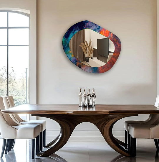 Dramatic color contrast highlights the vibrant red and blue hues of this abstract art-inspired decorative mirror, creating a captivating focal point.