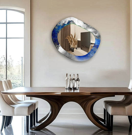 Marbleized finish highlights the fluid design of this blue silver marble bathroom mirror, adding a sophisticated touch.