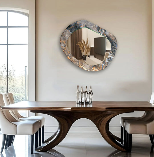 Highlighting the realistic detail, the marble wall mirror with its asymmetric frame showcases a stunning, reflective surface, exemplifying modern wall mirrors in home décor.